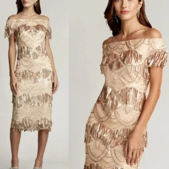 Tadashi Shoji Off-the-Shoulder Sequined Embroidered Dress - Picture 1 of 6